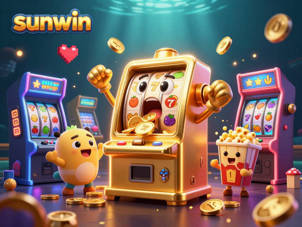 Experience excitement with sunwin's golden slot machine hitting the jackpot amid a vibrant casino scene.