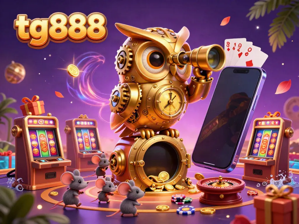 Experience the thrill of gaming at tg888 with vibrant 3D casino illustrations showcasing a golden owl and action-packed elements.