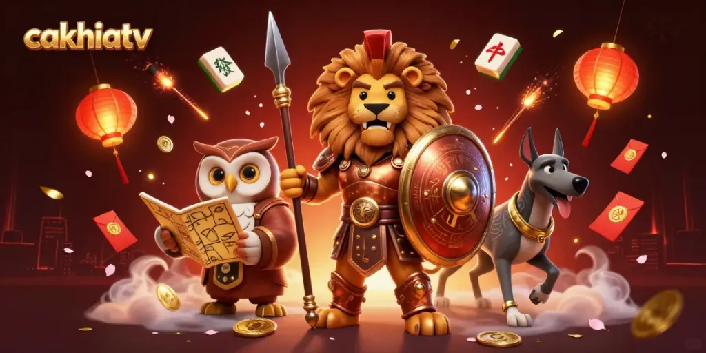 Cakhiatv Spartan lion leads a vibrant gaming scene with animated characters and casino elements.