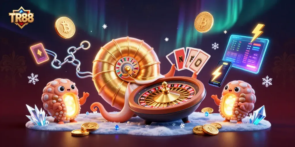 Engage in thrilling gameplay with TR88, featuring a stunning nautilus roulette wheel and vibrant casino elements.