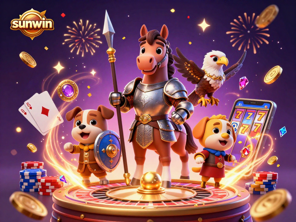 Engage in thrilling sunwin casino adventures with a knight, squire, and falcon amidst festive gaming elements.