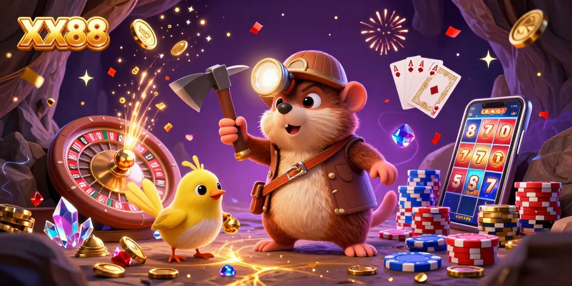 Join the adventure at XX88 with a treasure hunter mole in a vibrant casino scene filled with spinning roulette wheels and flying coins.