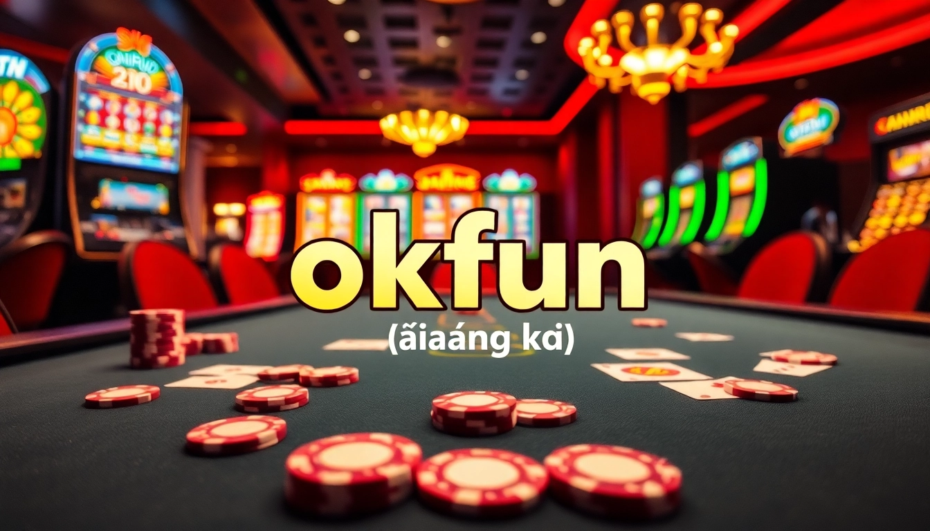 Engaging casino scene showcasing players at a table with cards, emphasizing okfun đăng ký for online gambling.