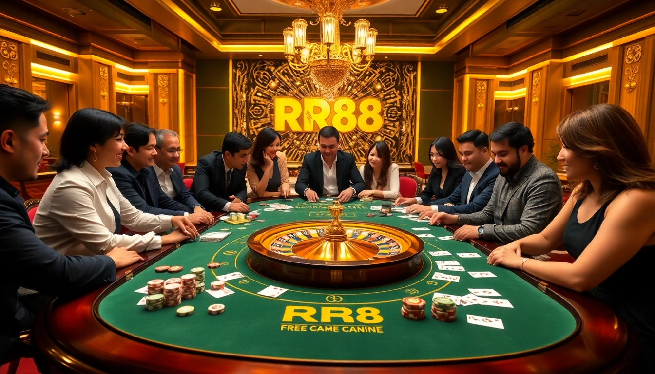 Engaging scene of a gaming table at rr88.com with roulette wheel and players experiencing the thrill of casino gaming.
