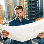 New York Construction Manager reviewing construction plans at an urban site.