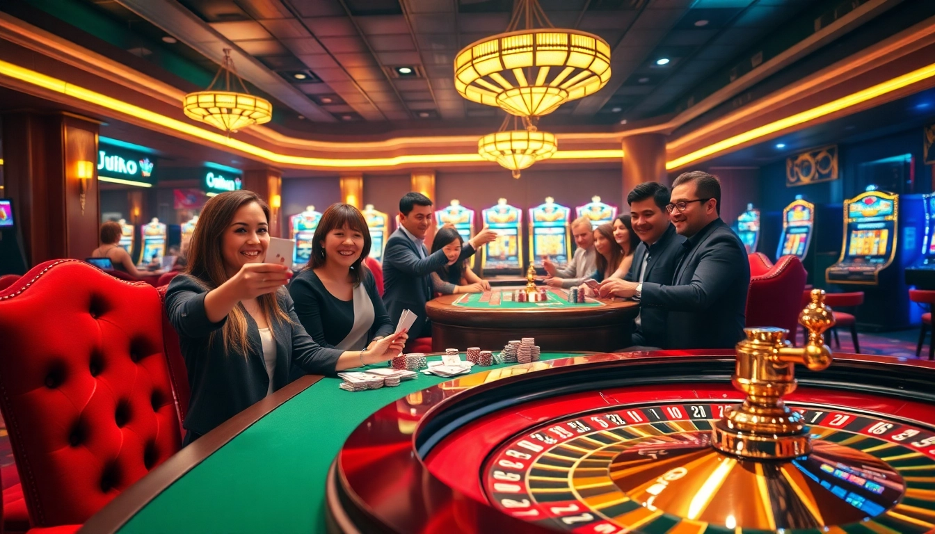 Players enjoying high-stakes poker at a JBO casino table, showcasing vibrant gaming excitement.