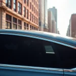 Enhance your drive with premier window tint near me, featuring a sleek car highlighted in urban sunlight.