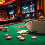 Kuwin casino table with poker chips, cards, and a roulette wheel amid a vibrant gaming atmosphere.
