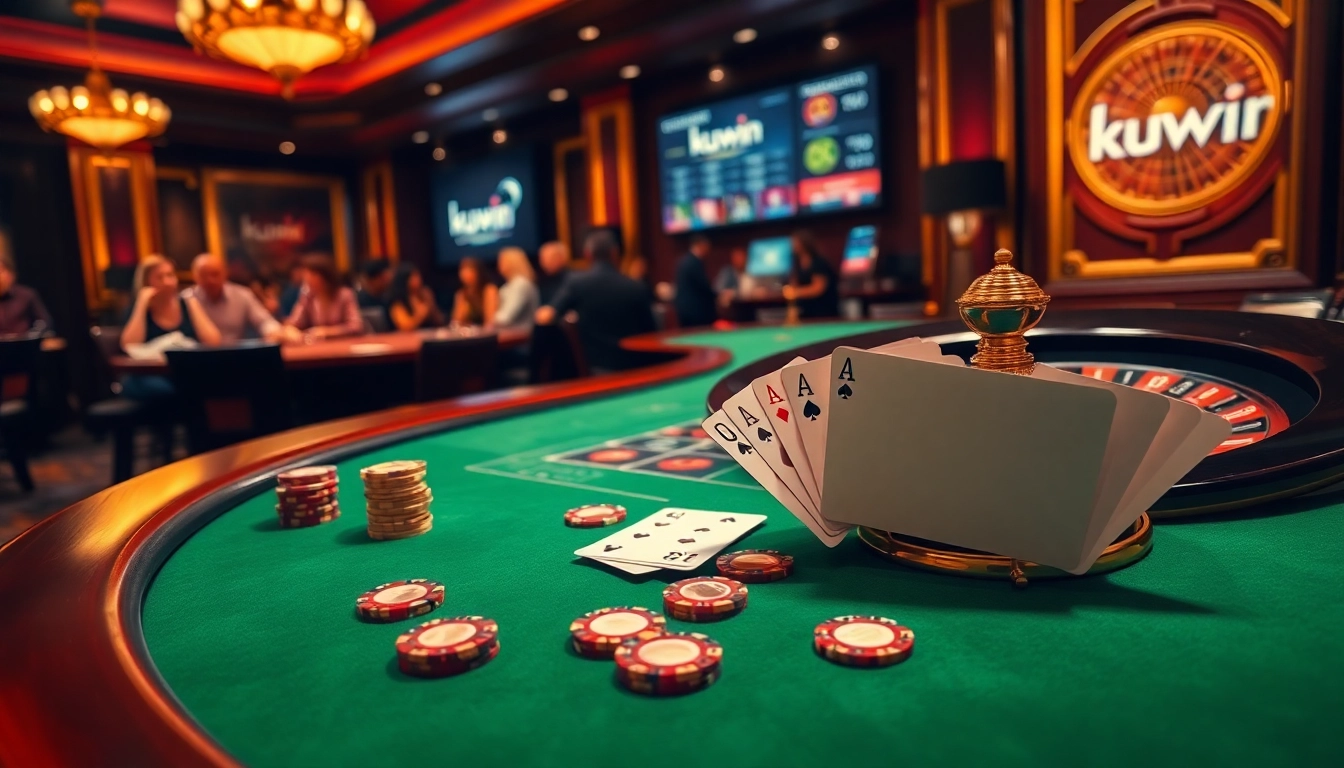 Kuwin casino table with poker chips, cards, and a roulette wheel amid a vibrant gaming atmosphere.