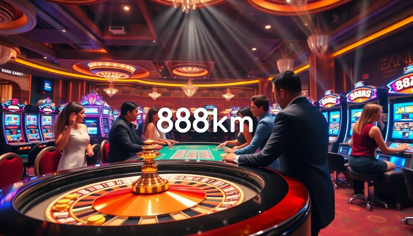 Experience the vibrant world of 888b km with an exciting casino scene showcasing roulette and slots.