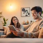 A person enjoying a conversation with their AI girlfriend on a digital device in a cozy indoor setting.
