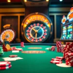 A thrilling poker game scene at MMOO casino with vibrant poker chips and an illuminated roulette wheel.