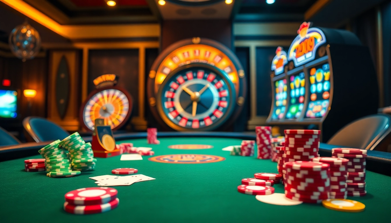 A thrilling poker game scene at MMOO casino with vibrant poker chips and an illuminated roulette wheel.