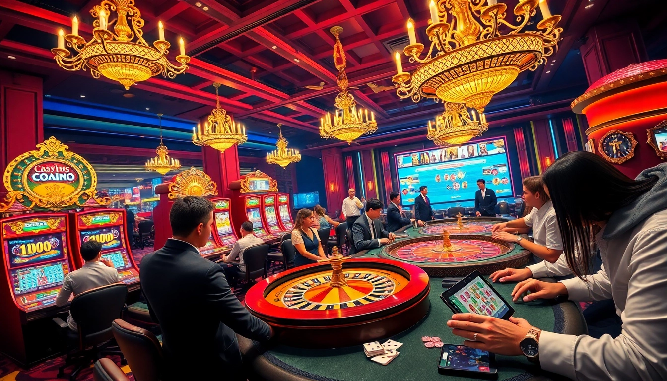 Players enjoying a luxurious gaming experience at fun88 nhà cái, surrounded by slot machines and poker tables.