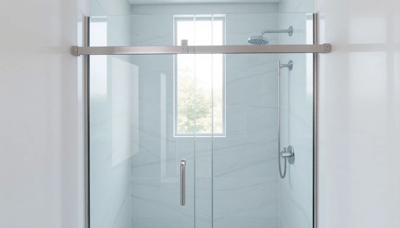 Showcasing sleek sliding shower doors with elegant glass panels in a modern bathroom.