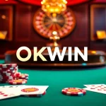 OKWIN casino scene with poker chips and a roulette wheel, highlighting excitement in gambling.