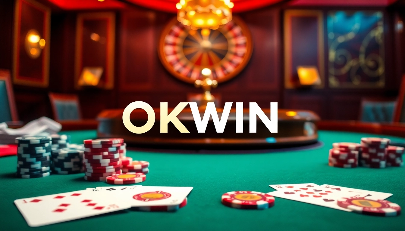 OKWIN casino scene with poker chips and a roulette wheel, highlighting excitement in gambling.