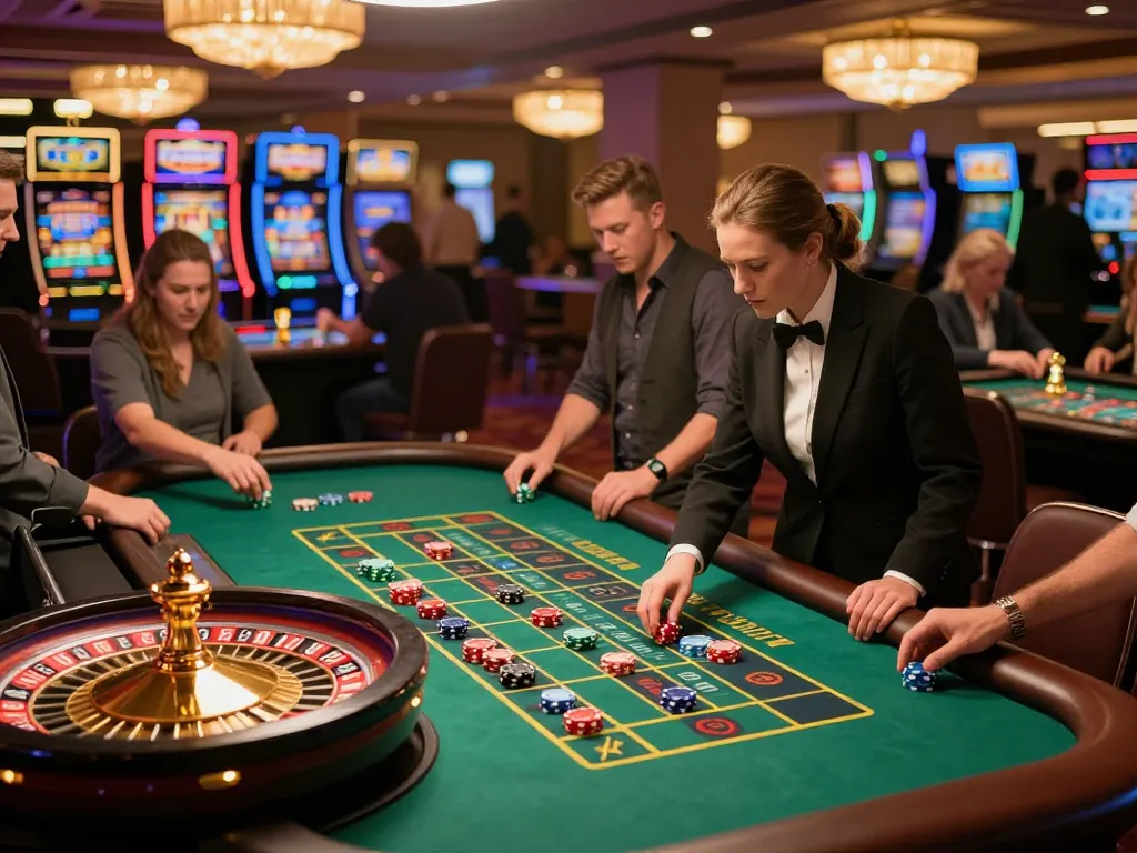 Players engage in an intense roulette game at kk44 casino, highlighting vibrant chips and strategic betting.