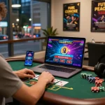 Player enjoying 789club games on a stylish desk, showcasing engaging online casino atmosphere.