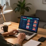 Player engaged in online gambling using the apk sungaitoto on laptop with strategy notes.