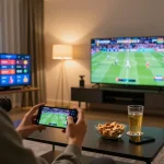 Engaging in live sports betting on 789bet while watching a game at home, smartphone in hand, excitement in the air