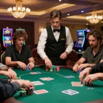 Nohu poker game scene with players strategizing at a luxury casino table surrounded by vibrant atmosphere