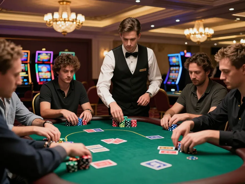 Nohu poker game scene with players strategizing at a luxury casino table surrounded by vibrant atmosphere