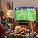 Cakhia TV football streaming scene with friends cheering in a festive living room during a match.