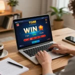 Player enjoying a TG88 win poker game on a laptop, showcasing online gaming strategy.