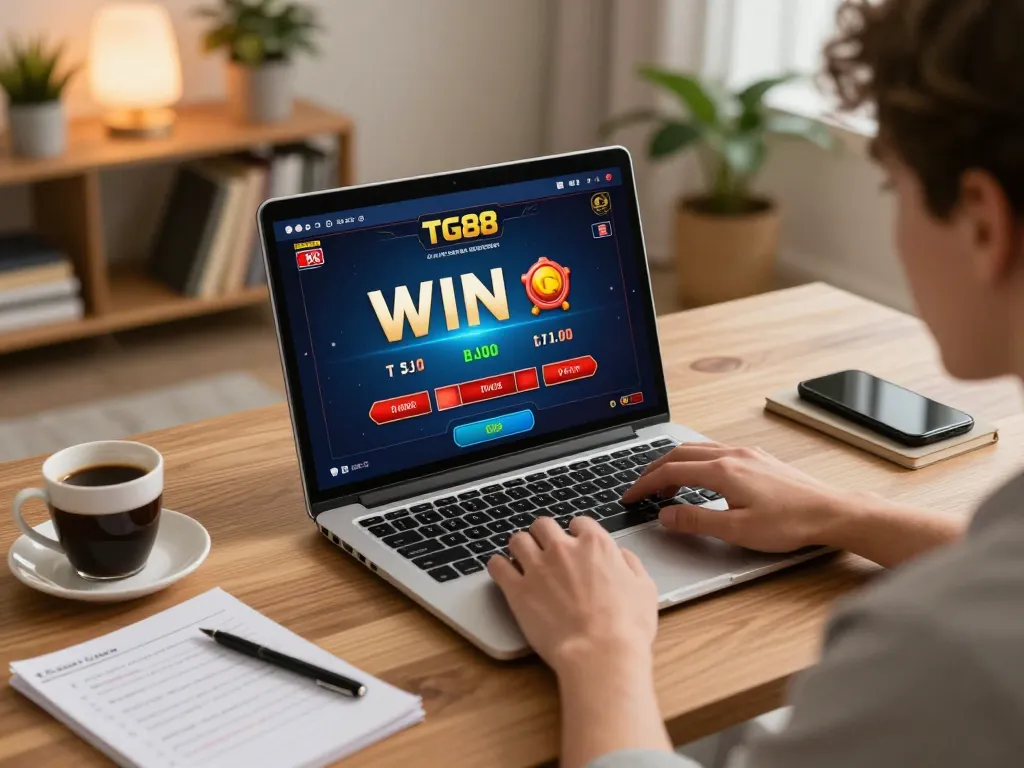 Player enjoying a TG88 win poker game on a laptop, showcasing online gaming strategy.