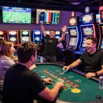 Exciting gem88 online gaming scene with diverse players engaged in casino games, colorful LED lights creating a vibrant atmosphere.