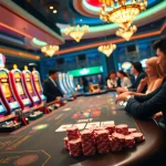 Players enjoying vibrant gaming action at i9bet, showcasing poker chips and casino tables.
