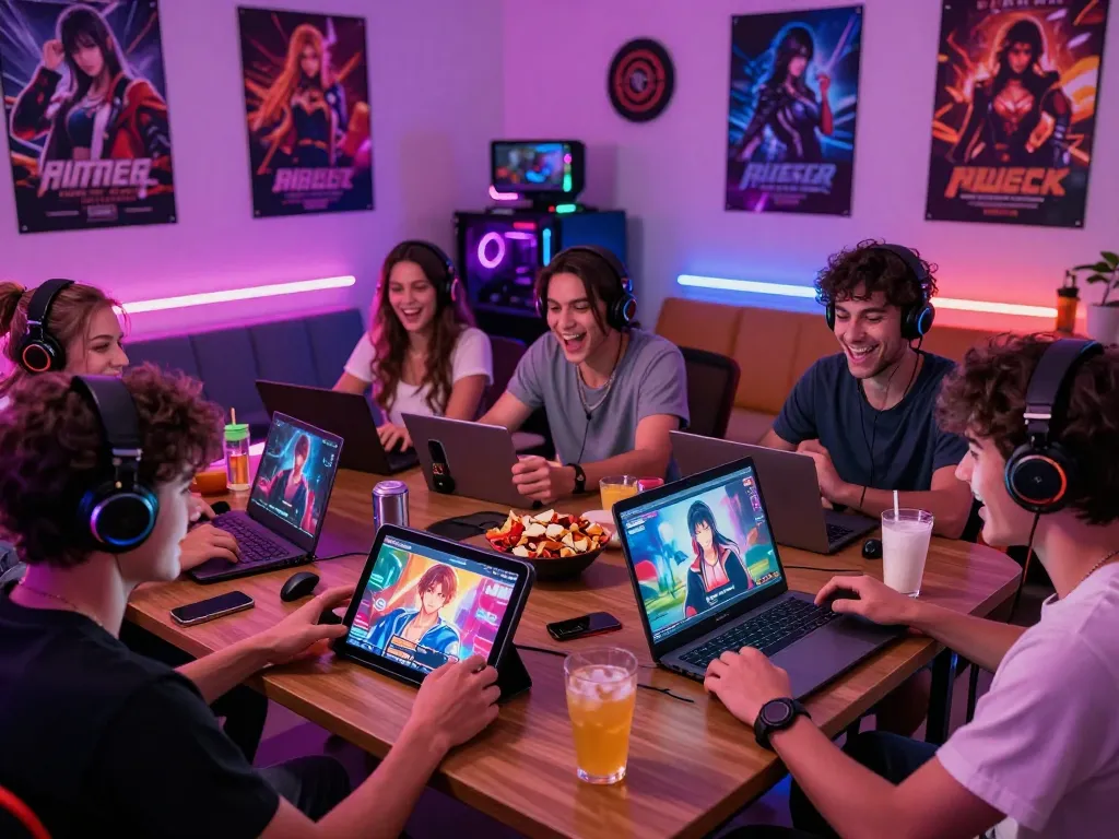 Engaged gamers enjoying popular porn games in a vibrant digital lounge.