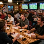 Engaged bettors analyzing kèo nhà cái hôm nay in a lively sports betting lounge, full of excitement and shared strategies.