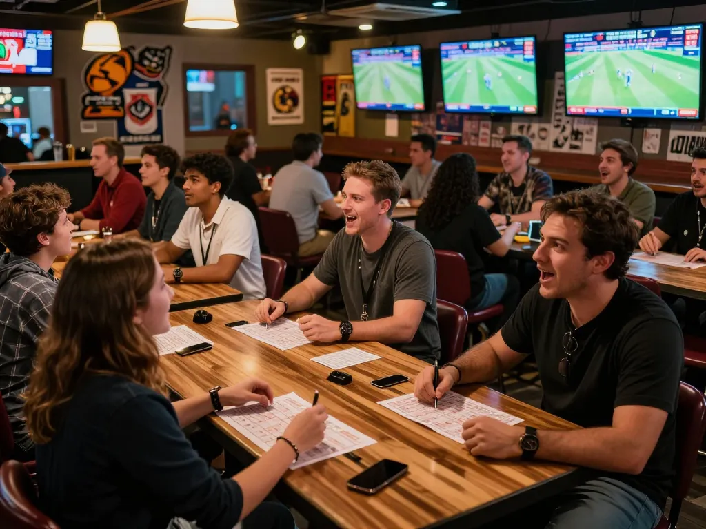 Engaged bettors analyzing kèo nhà cái hôm nay in a lively sports betting lounge, full of excitement and shared strategies.