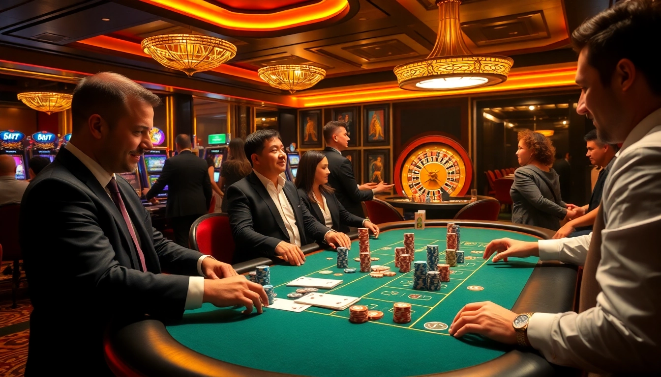 Exciting poker game at 77Bet Casino showcasing players betting with vibrant chips.