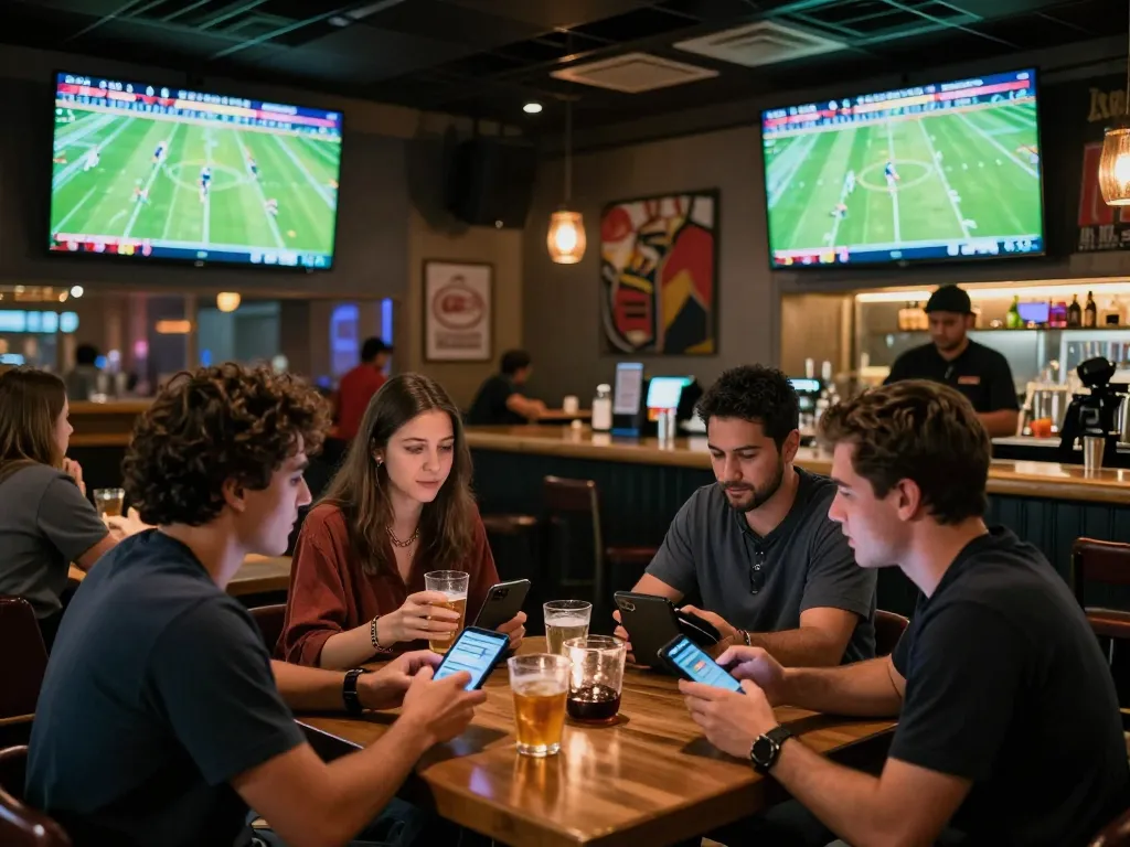 Engaged bettors cheer while reviewing kèo nhà cái hôm nay through mobile apps at a lively sports bar.