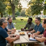 Men engaging in supportive conversations at a park during a manclub meetup, fostering community and friendship.