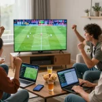 Friends analyzing tỷ lệ kèo while enjoying a football game together in a lively living room.