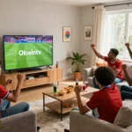 Fans watching live football on Okwintv with excitement in a cozy living room.