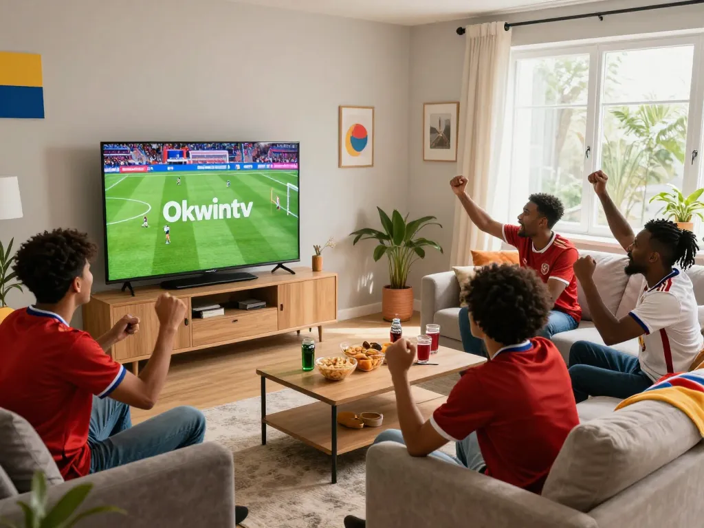 Fans watching live football on Okwintv with excitement in a cozy living room.