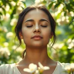 Meditation scene promoting mental wellness in a tranquil garden setting.