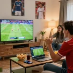 Okwintv fan enjoying Full HD live football match with friends in cozy living room.