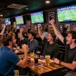 Tg88 sports bar atmosphere filled with excitement, patrons engaging in live sports betting.