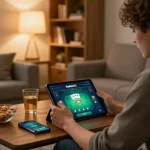 Engaging gaming experience on twiin68 app with a player focused on tablet in cozy home.