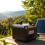 EcoFlow portable power station showcases sustainable outdoor energy solutions in a scenic setting.