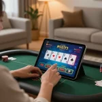 Engaging with BET168 on tablet for poker in a cozy home environment