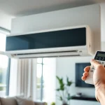 Install a mini split AC in a modern living room, showcasing sleek design and comfort.