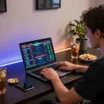 Engaging in live sports betting through 8live on a laptop in a cozy home setting.