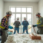 Performing spray foam removal West Sussex with experts demonstrating safe techniques in an indoor job.